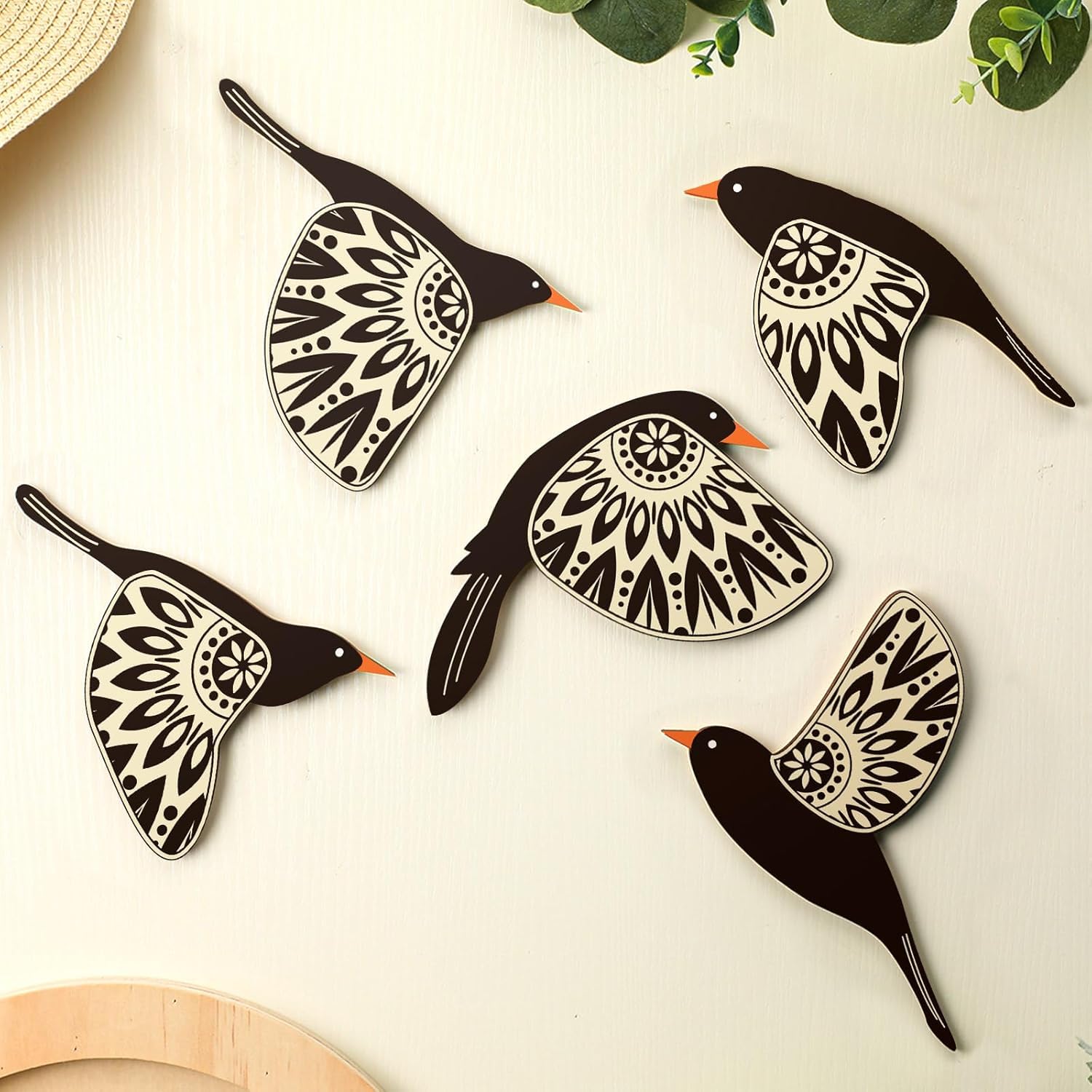 Bhikham Creation SAF Wooden 3D 5 Pieces Birds on Rope Wall Art Panel | Wood Bird Folk Art Wall Hanging Art Decoration Item for Living Room, Bedroom, Drawing Room, Dining Room & Office (Black)(Style 1)