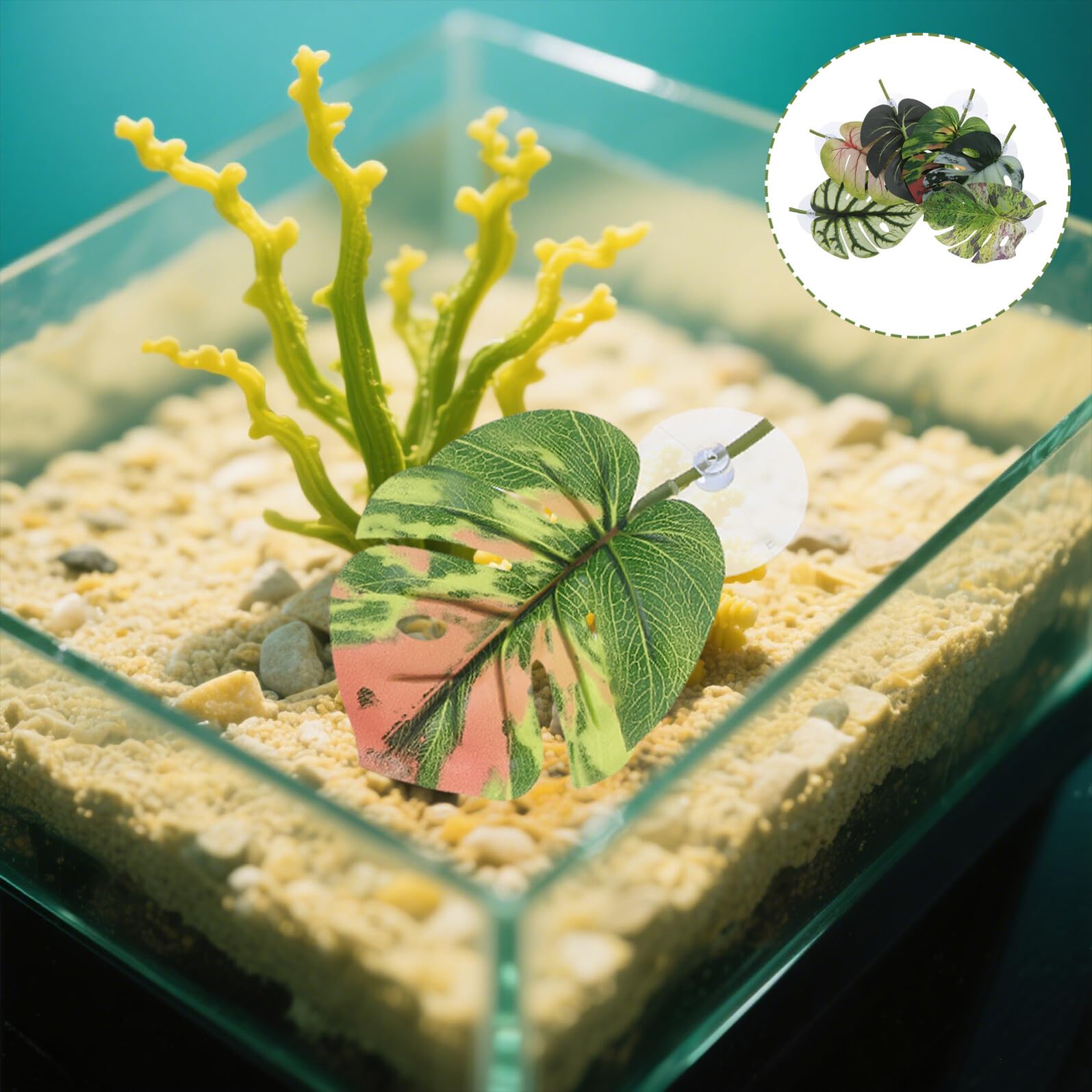 Plataformas de Descanso para Reptiles y Tortugas 6 Piezas de Hojas Artificiales con Ventosas, Decoración Realista para Terrarios, Accesorios para Acuarios de Tortugas, — view 9