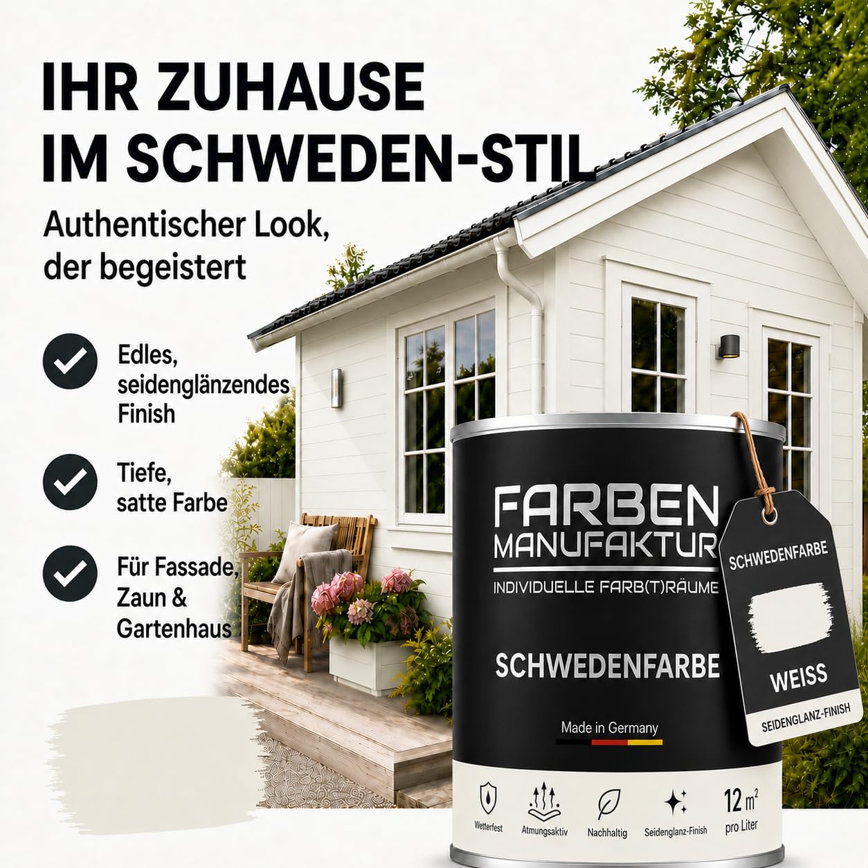 Schwedenfarbe Holzfarbe Außen Wetterfest – Holzschutzfarbe für Fassade, Gartenhaus, Zaun & Scheune – Diffusionsoffen & Nachhaltig Wetterschutzfarbe 2L, Größe: 2L, Farbe: weiß