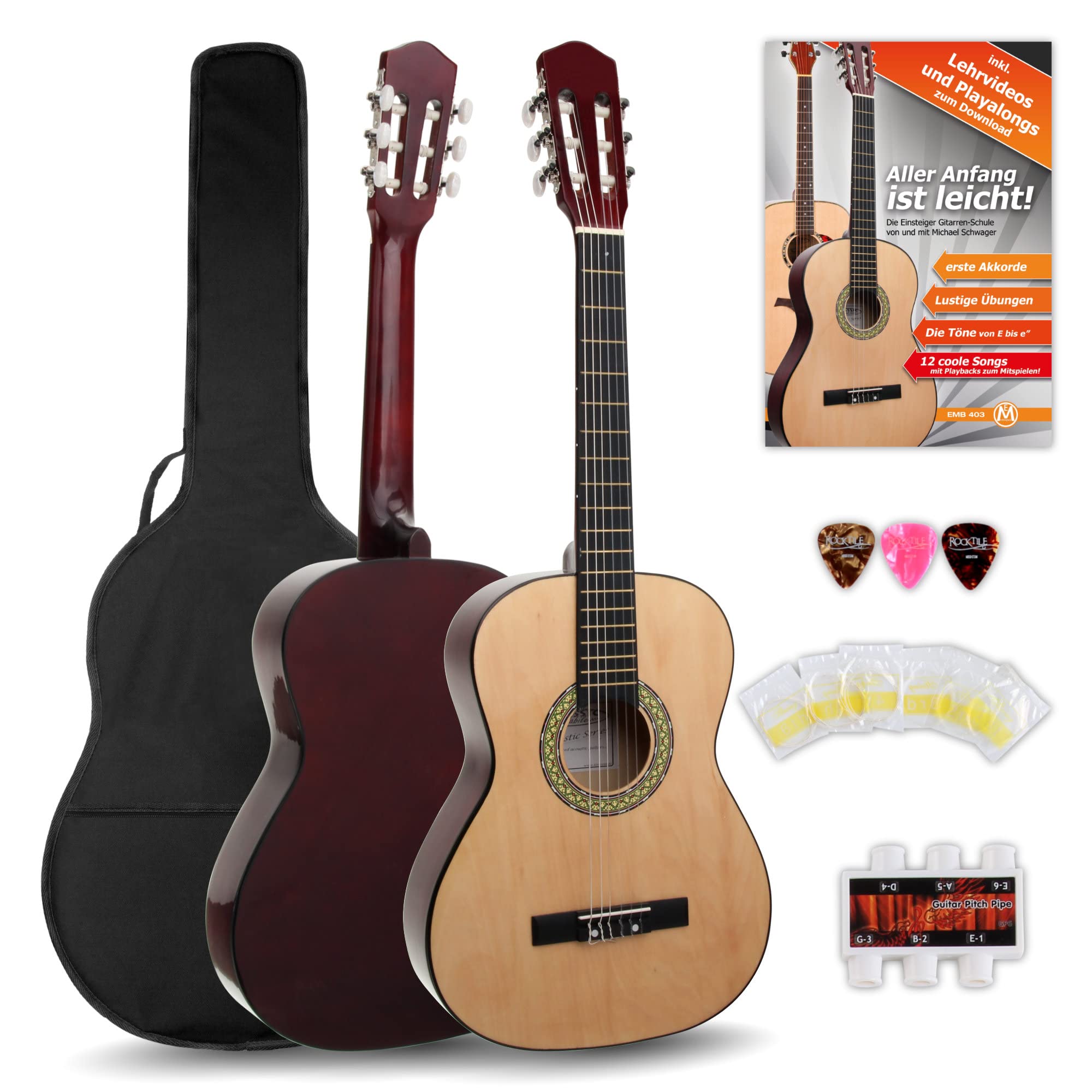Classic Cantabile AS-851 Pack Guitare Classique 3/4 Nature - Cordes en Nylon d'étude - Guitare de concert idéale pour débutants, enfants - Avec accessoires