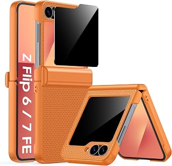 Spugan for Galaxy Z Flip 7 FE/Z Flip 6 Case with Privacy Screen Protector & Hinge Protection, Slim Non-Slip Shockproof Cover Wireless Charging Case for Samsung Z Flip 7 FE/Flip 6 Orange