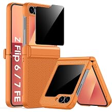 Spugan for Galaxy Z Flip 7 FE/Z Flip 6 Case with Privacy Screen Protector & Hinge Protection, Slim Non-Slip Shockproof Cover Wireless Charging Case for Samsung Z Flip 7 FE/Flip 6 Orange