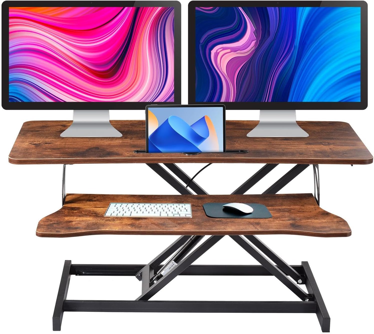 Standing Desk Converter 37 Inch – Easy Assembly Height Adjustable Sit Stand Desktop Riser with GasSpring Lift, Duals Monitor Laptop Workstation and Spacious Keyboard Tray, Ergonomic Converter (Brown)