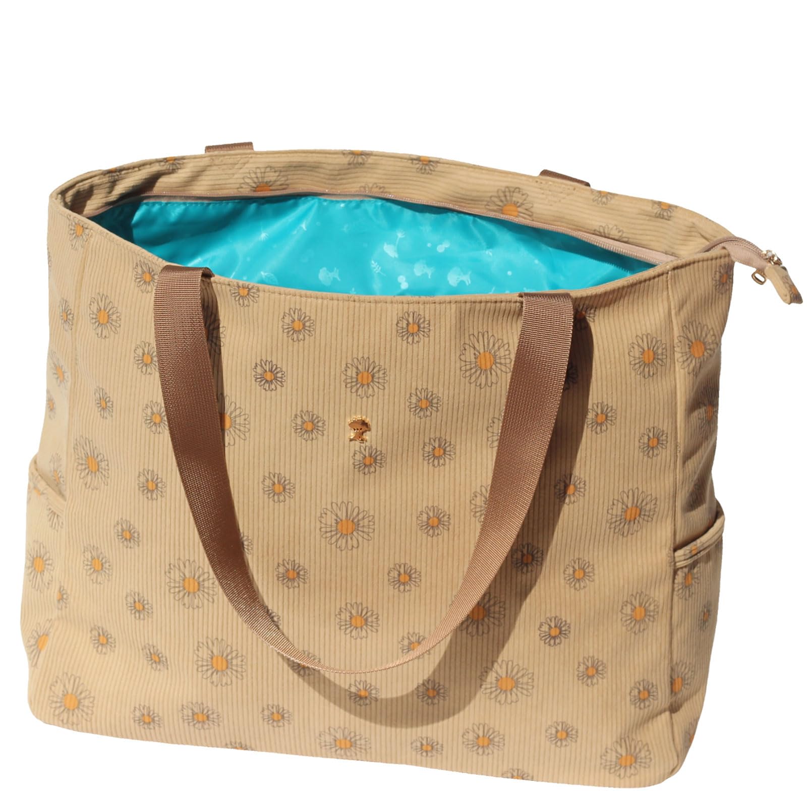 ESVAN LARGE BEACH BAG Water Resistant Lightweight 20 inch Women Oversize Tote Bag for Gym Beach Travel Pool Yoga Nurse Corduroy Brown Daisy