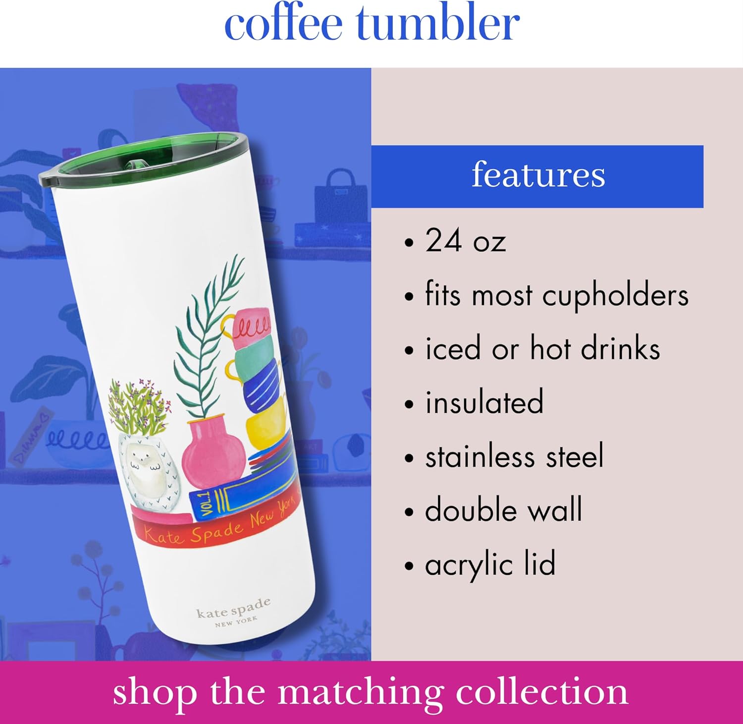 kate spade new york Cute Floral Stainless Steel Mug, 24 Ounce Travel Tumbler, Double Wall Insulated Cup with Lid, Charmed Library - Image 3