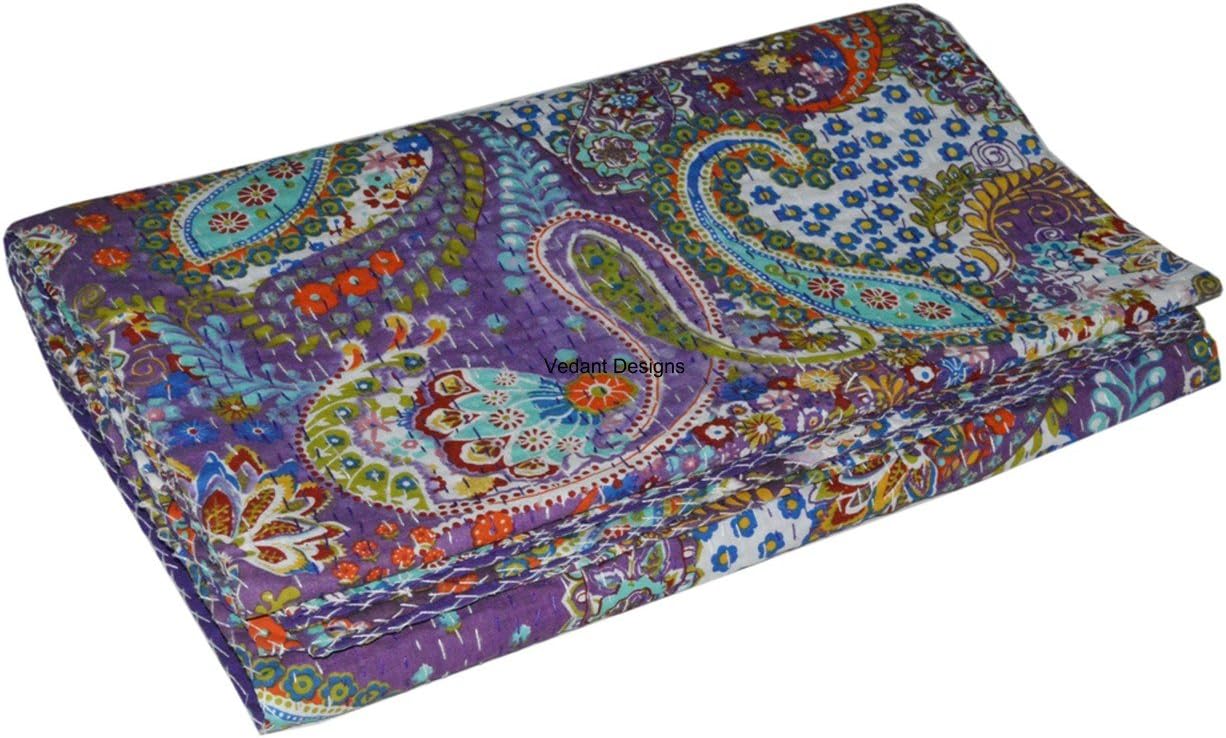 Purple Color Paisley Print Kantha Quilt, Hand Stitched Queen Size Cotton Bedspread, Indian Designer Bed Cover, Reversible Kantha Bedding