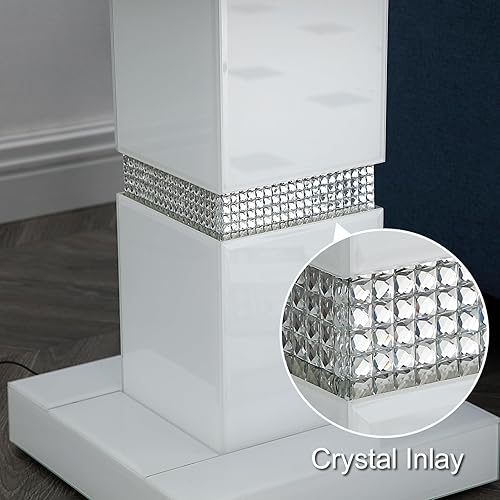 Miniatura 5 de Mesa auxiliar de cristal blanco con estación de carga inalámbrica, mesas auxiliares LED regulables de 3 colores, mesa auxiliar con incrustaciones de