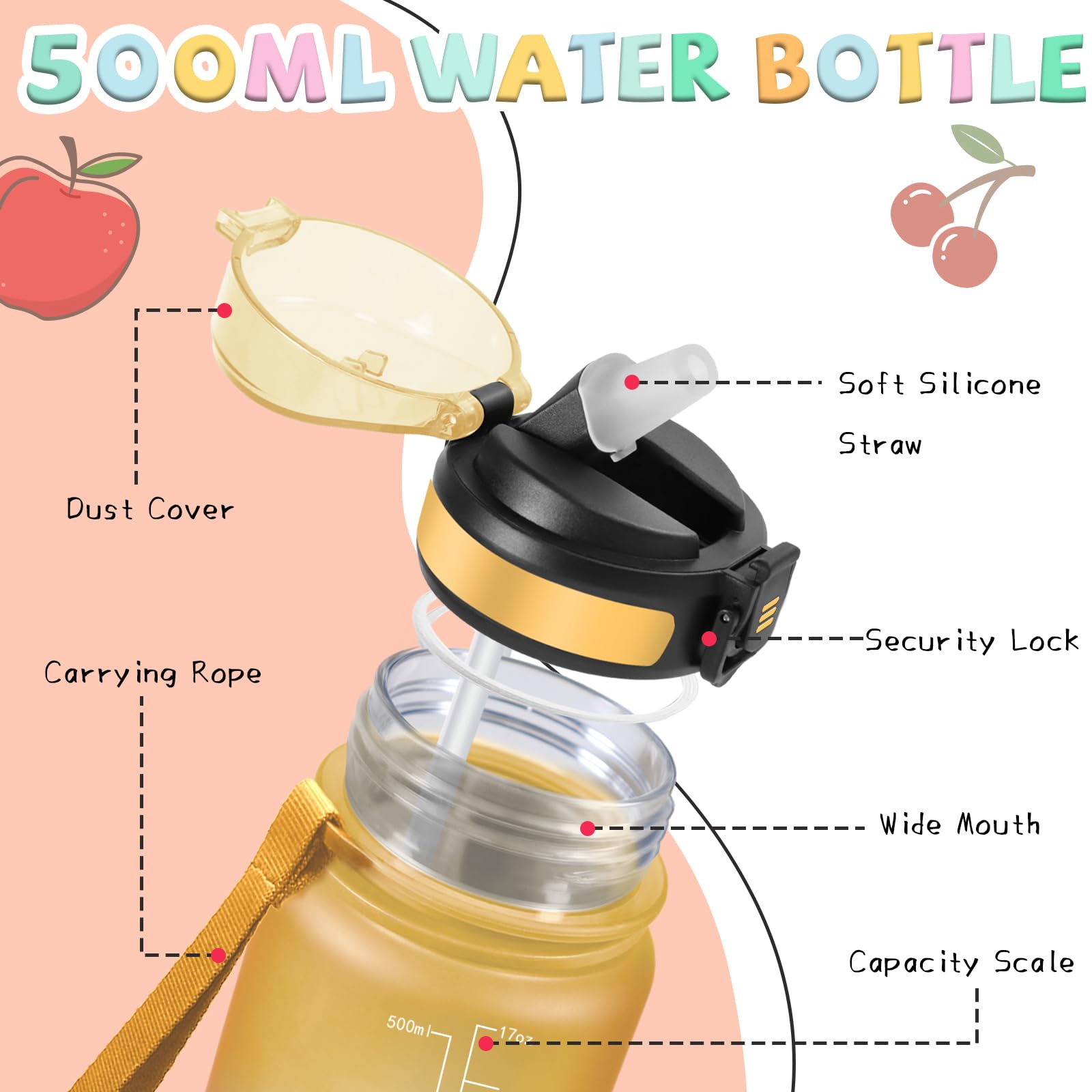 Borraccia- 0,5 litri- Borraccia Bambini, Borraccie con Cannuccia, Senza Perdite, Borraccie Motivazionale, Bocca Larga, Con Chiusura di Sicurezza, per Scuole, Corsa, Lavoro, Picnic