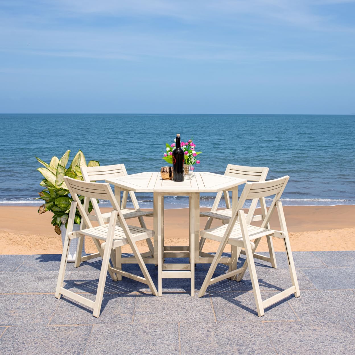 SAFAVIEH Outdoor Collection Kerman Grey Wash 5-Piece Foldable Patio Dining Set (Fully Assembled)