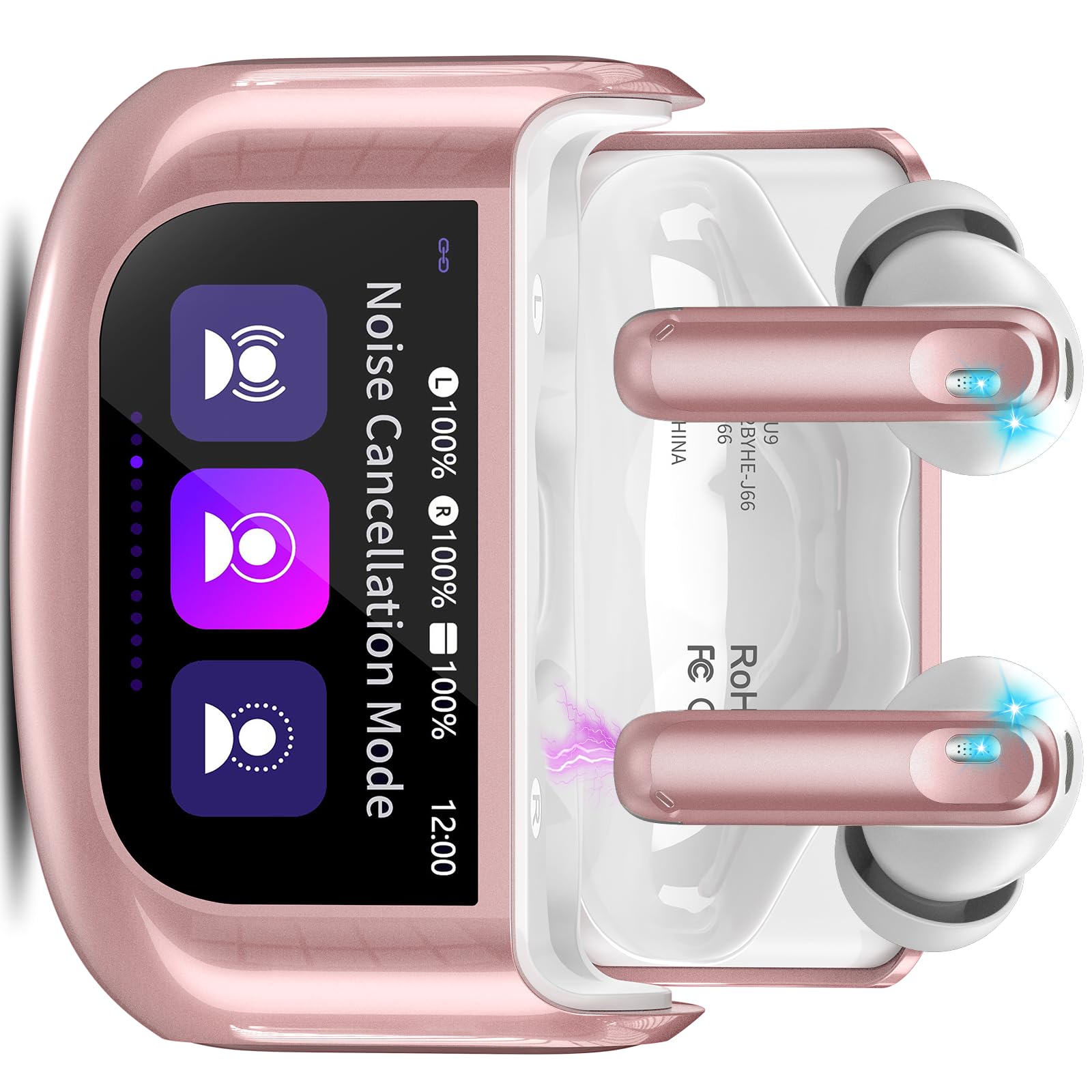 Thunelec Auriculares Inalambricos con Pantalla Táctil LED, 2026 Nuevo Auriculares Bluetooth 5.4 con Reducción de Ruido ANC+ENC y HD Mic, 48H Cascos Inalambricos con HiFi Estéreo/5 Modos EQ, Rosa