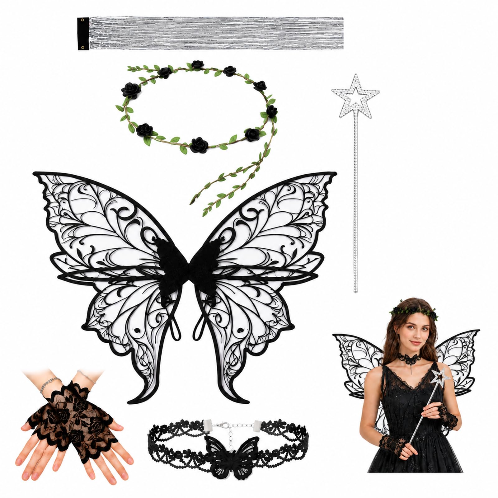 TUBAWD 6PCS Fairy Costume Adult, Fairy Wings, Fairy Costume Set with Gloves