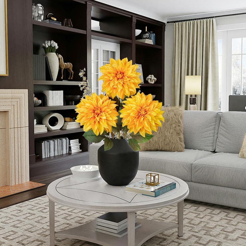 3Pcs Yellow Artificial Dahlia Flowers Fall Fake Flower Silk Flowers with Long Stem 27.5" Floral Arrangements Bouquets Autumn Faux Dahlias Flowers for DIY Wedding Party Centerpieces Home Decor - Image 6