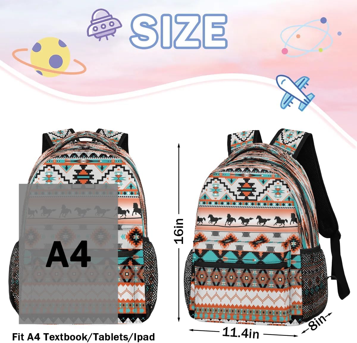 Aztec Backpack for School, Ethnic Western Style Running Horse Laptop Backpack Water Resistant Bookbag for Casual Travel Hiking Camping Outdoor Daypack Shoulder Bag for Teenager Boys Girls Kids - Image 2