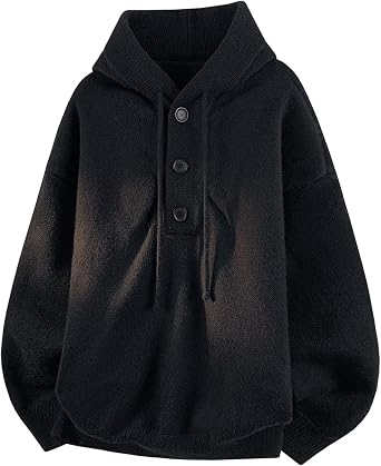GURUNVANI Mens Henley Hoodie Sweater Loose Fit Buttoned Knitted Raglan Pullover