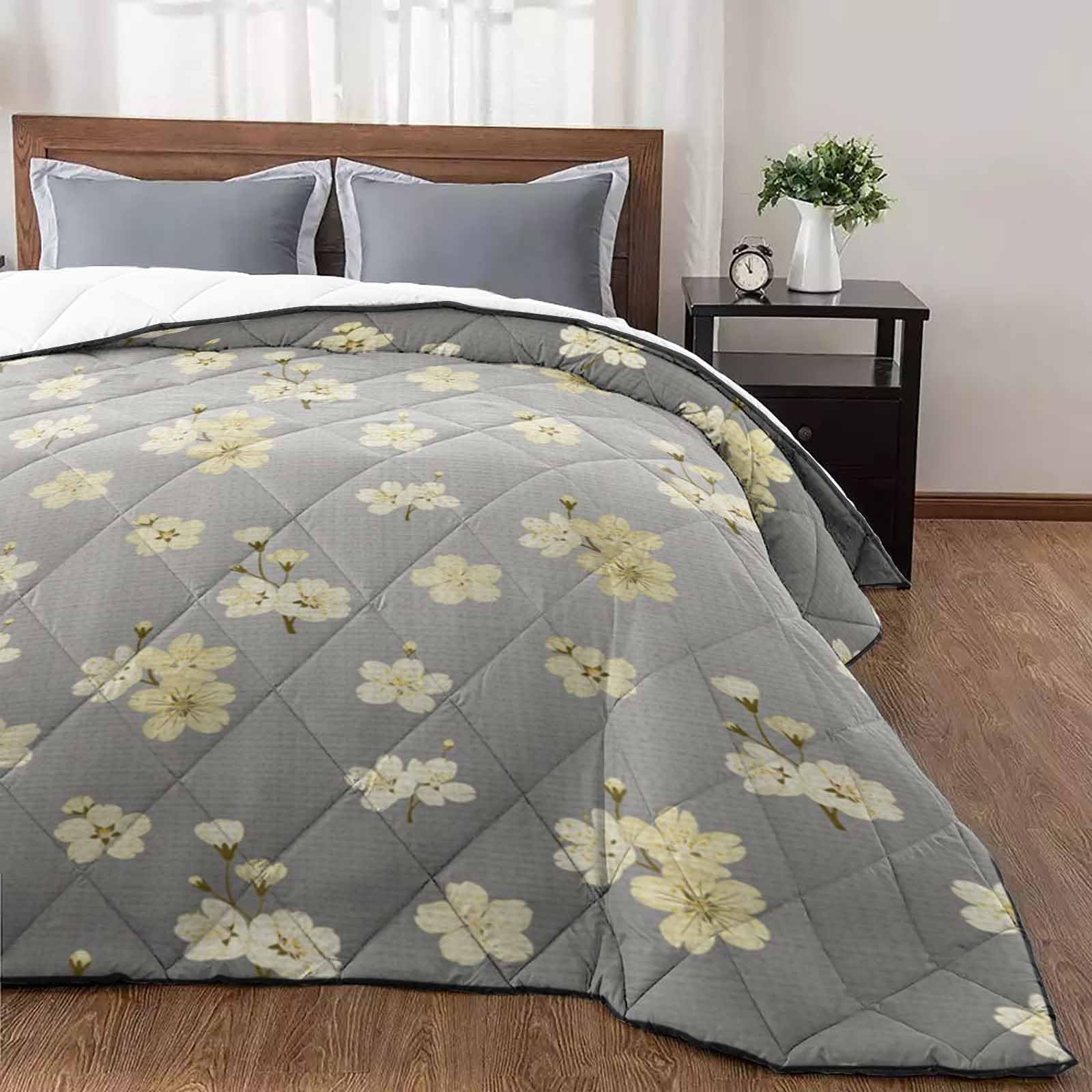 Spring Quilt Twin Luxury Quilted Comforter Bedspread-Thin Soft Cozy Yellow Cherries Flowers Linen Texture Reversible Stitched Lightweight Quilt Coverlet for All Season