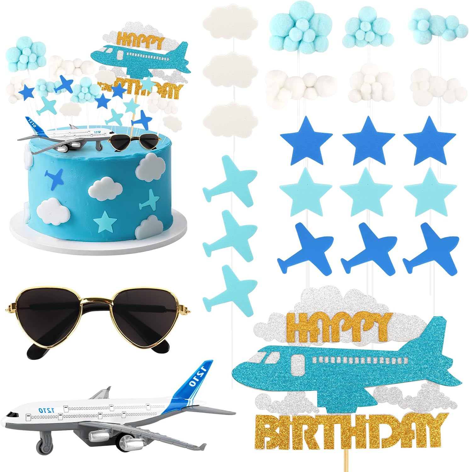25 Pieces Airplane Cake Decorations Set with Airplane Figurine Aviator Sunglasses Cupcake Toppers for Aircraft Theme Birthday Party Decoration Supplies