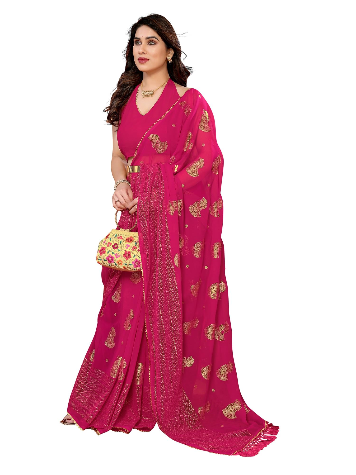 RAJESHWAR FASHION WITH RF Women's Peacock Paisley Foil Work Georgette Saree For Women With Latkan Tassels Lace Border & Blouse Piece