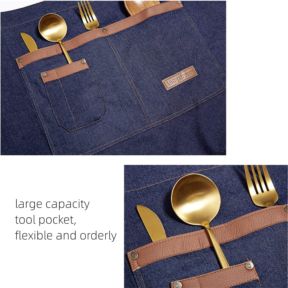 TopTie Custom Embroidered Denim Unisex Half Apron Waist Bistro Apron with Pockets for Server Waitress Barista Bartender