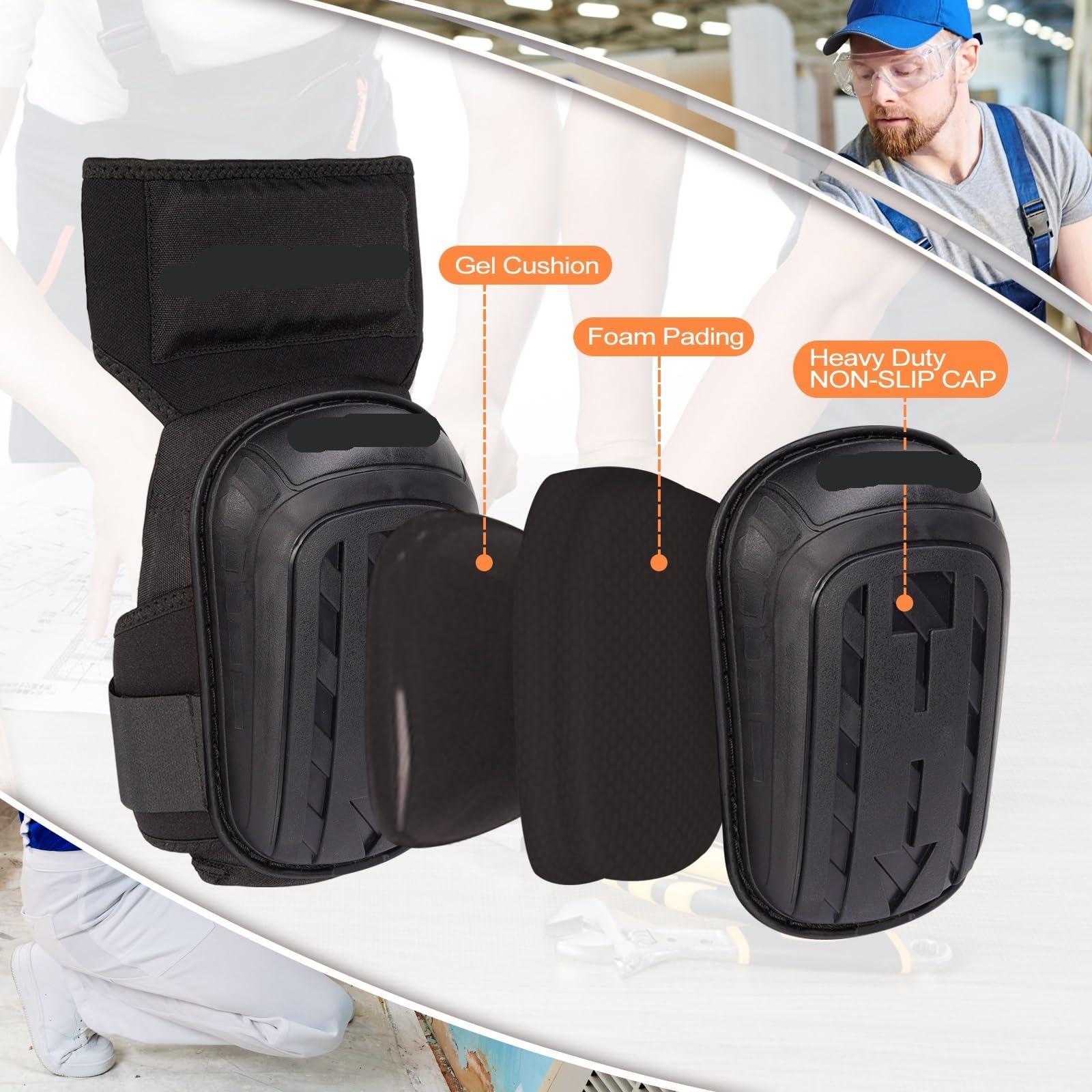 espinilleras para desbrozadora Rodilleras for trabajo, construcción, jardinería, limpieza de suelos con puntera antideslizante alta resistencia — Acolchado suave gel y espuma(Black)