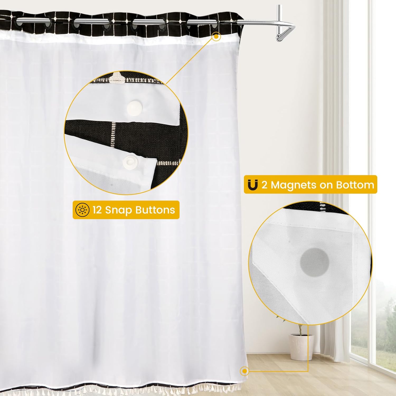 Boho Farmhouse No Hook Shower Curtain Set with Snap-in Fabric Liner,Water-Repellent,Rustic Neutral Bathroom Decor with Tassels and Magnets,Black and White,72x72