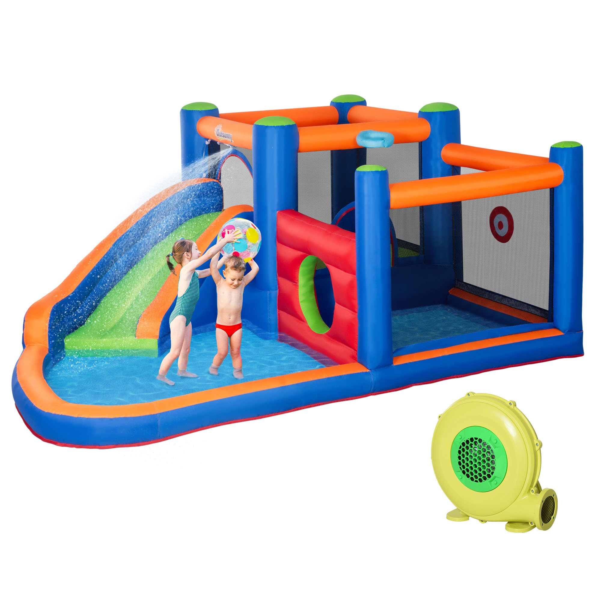 Outsunny Castello Gonfiabile per Bambini 3-8 Anni con Scivolo, 380x340x170cm