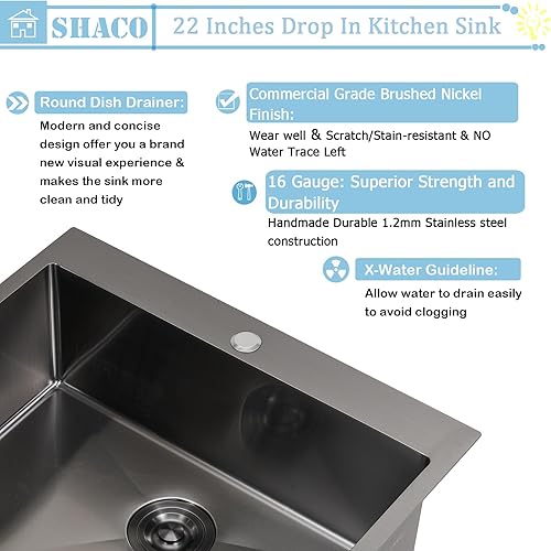 Miniatura 89 de SHACO Fregadero de cocina negro de 21 pulgadas, 21 x 20 pulgadas, montaje superior negro plomizo de acero inoxidable calibre 16, estación de trabajo