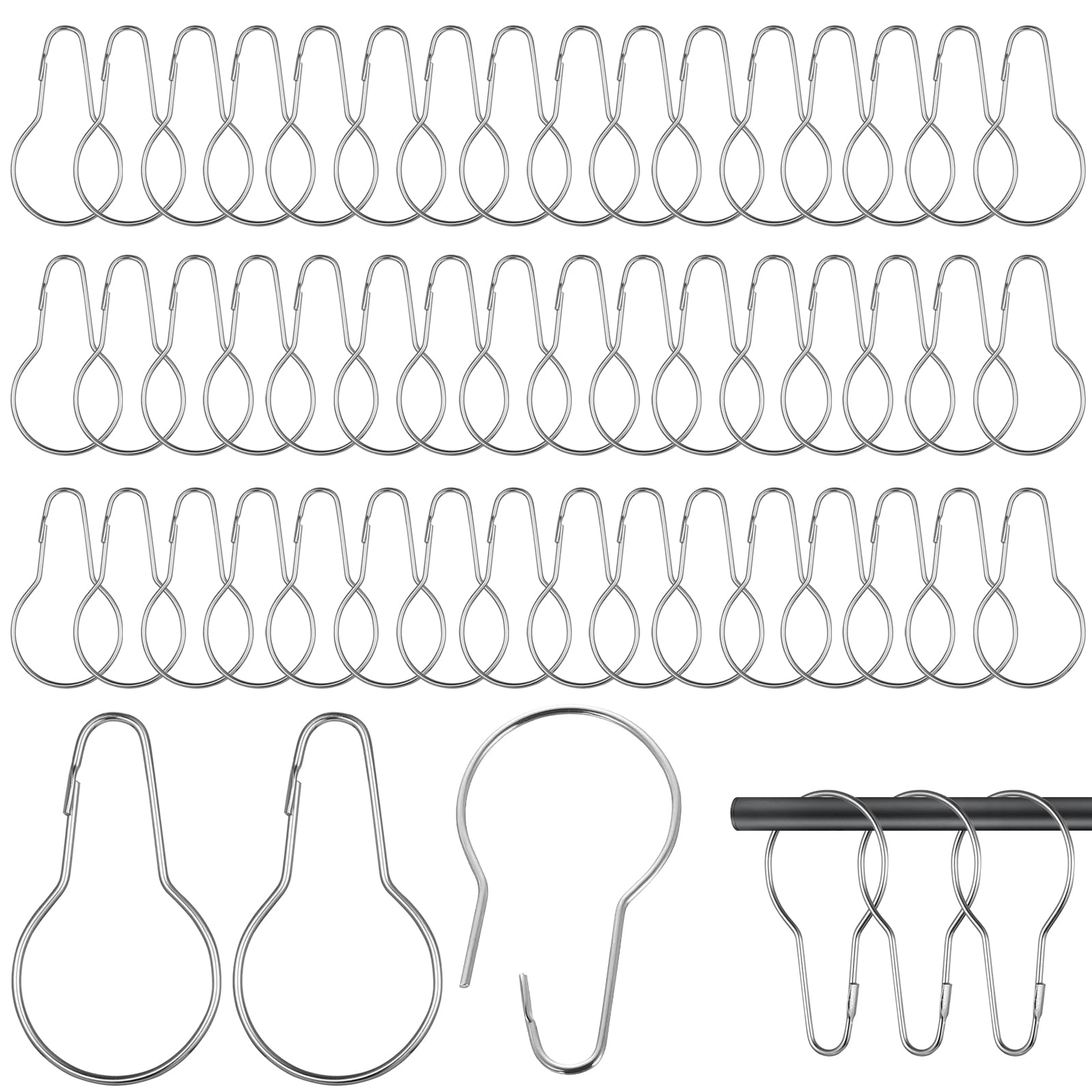 50 Pcs Metal Shower Curtain Hooks, Silver Shower Curtain Rings Hooks for Bathroom Curtains Rods, Curtains Rings