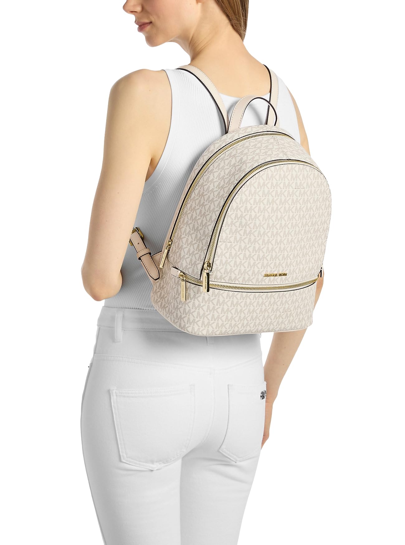 Michael Kors Rhea Medium Signature Logo Backpack Light Cream Multi