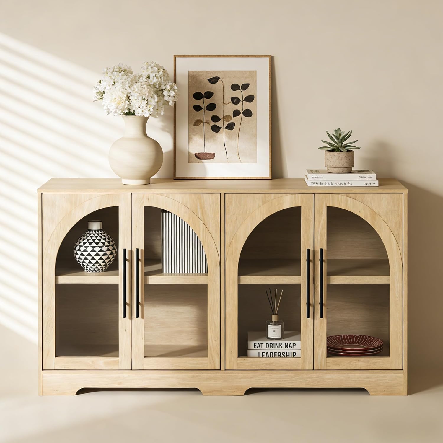 leovanni 55" Sideboard Buffet Cabinet with Glass Doors, Arched Media Console Cabinets with Cable Holes and Adjustable Shelves, Coffee Bar Cabinet for Living Room Entryway, Natural