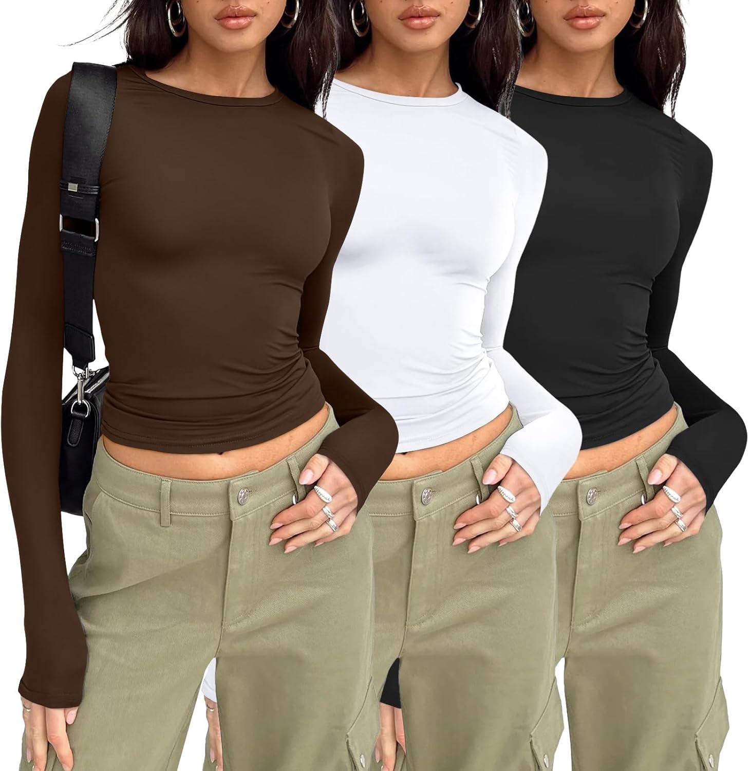 AUTOMET 3-Pack Women's Long Sleeve Crop Tops - Basic Fitted T-Shirts Set