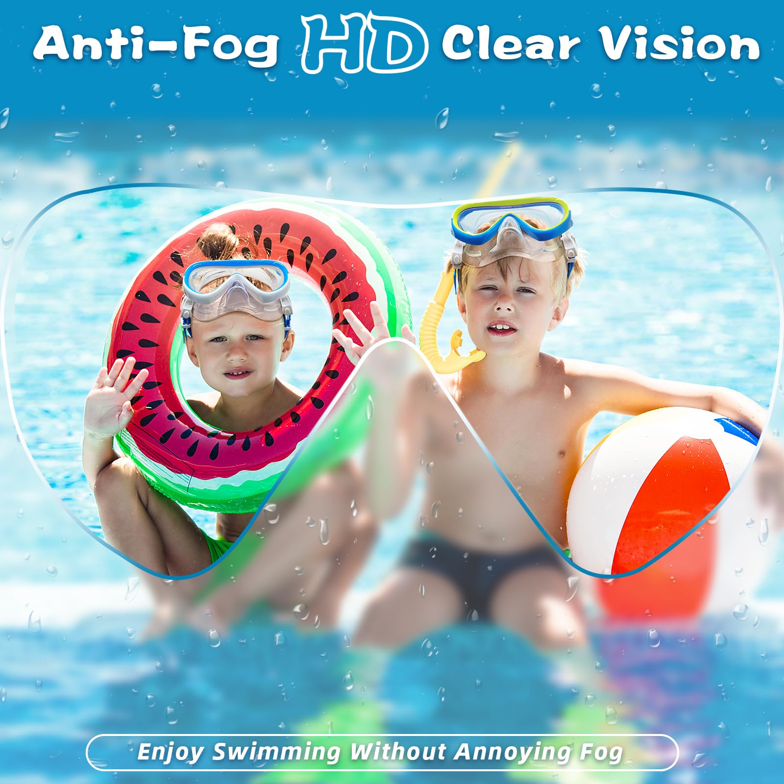 Freela Kinder-Schwimmbrille für Kinder von 3–15 Jahren mit Nasenabdeckung, gehärtetes Glas, Anti-Beschlag-Beschichtung, kein Auslaufen, Tauchmaske, 180° klare Sicht