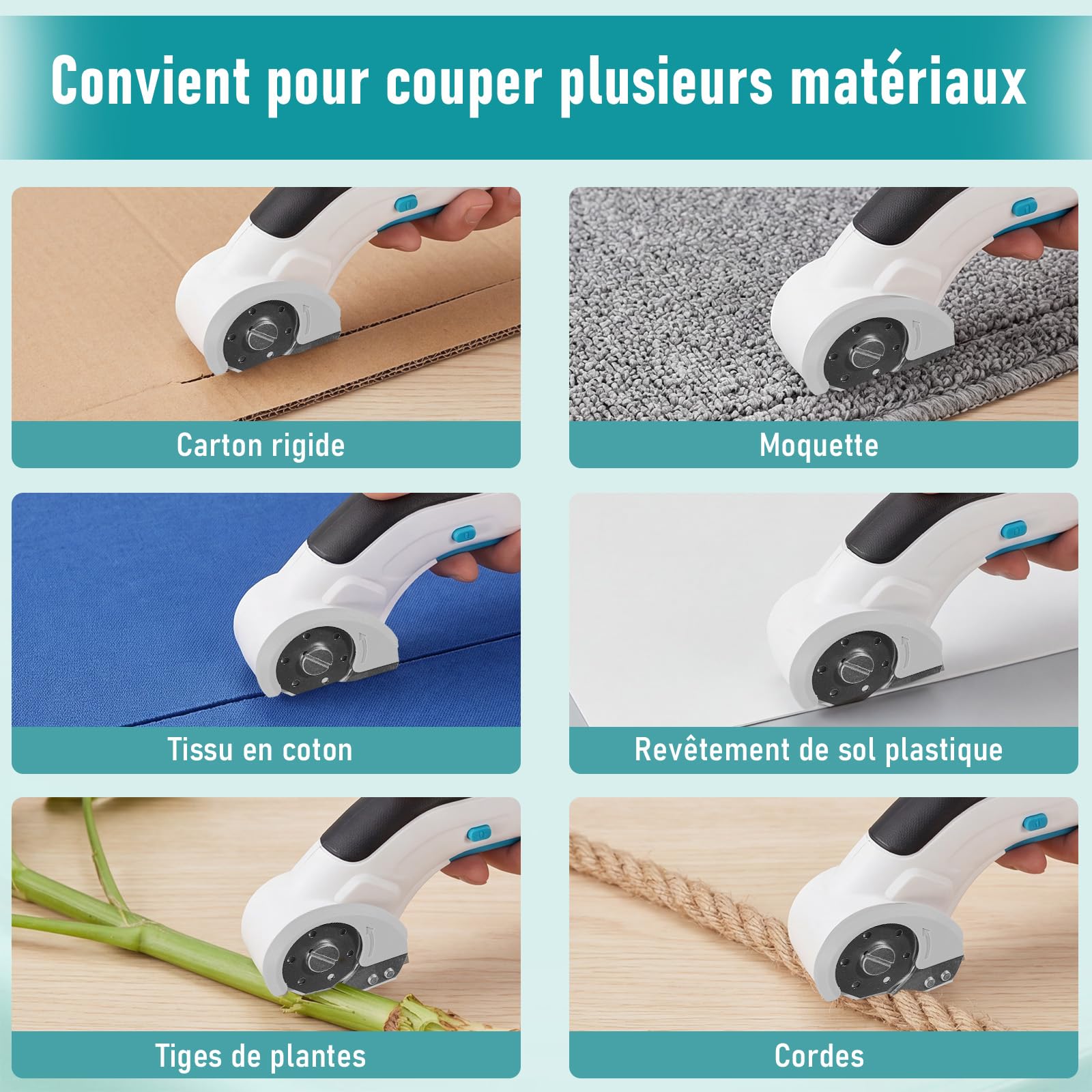 Cutter pour Carton 3,7 V Ciseaux Électriques, Cutter pour Carton Électrique avec Batterie 2000 mAh,Cutter Rotatif Universel sans Fil avec 2 Lames Auto-affûtantes pour Moquette,Cuir et Feutre