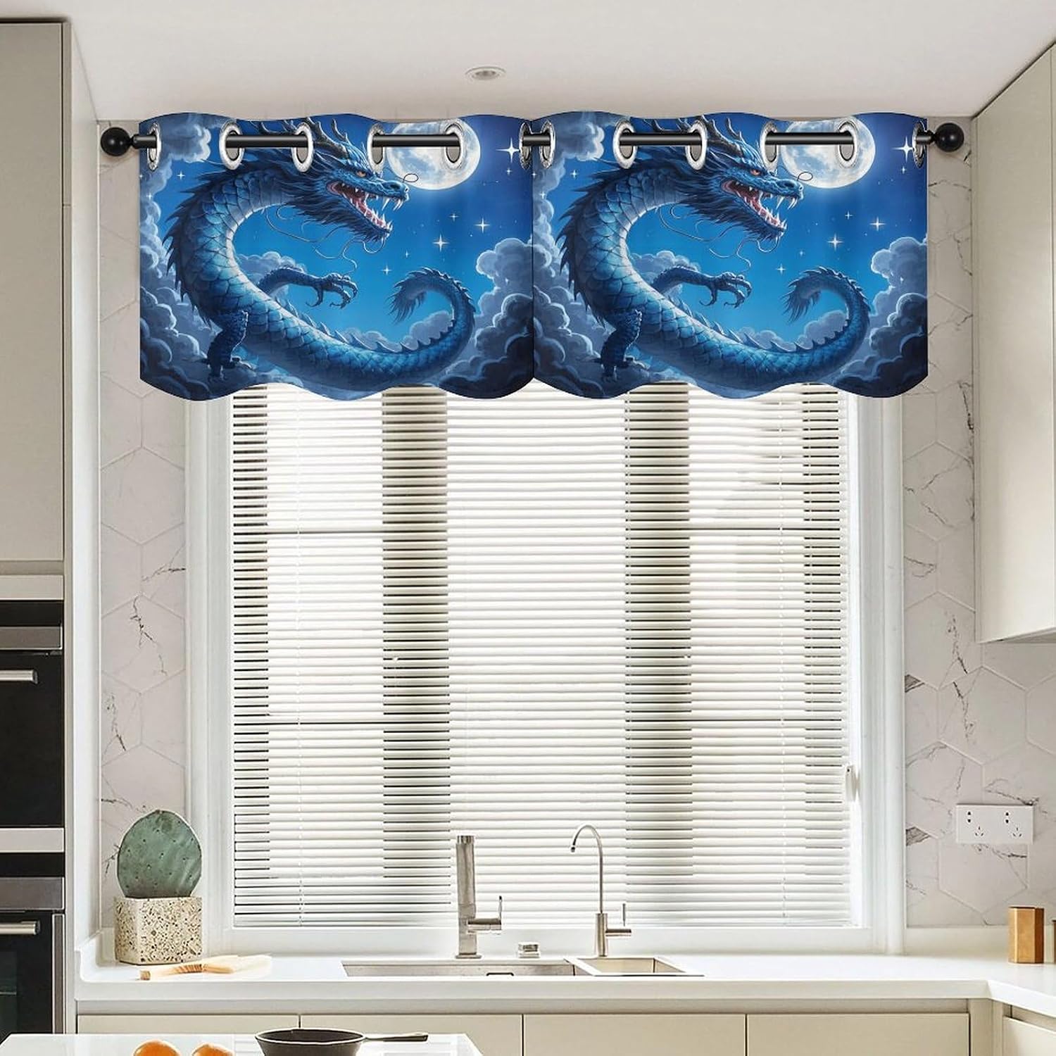 Blue Dragon Curtain 2 Panels, Polyester Fiber, Blackout Insulated Window Curtain, Curtain Valance for Kitchen Dining Room Living Room Cafe Small Window 52 * 18.1 Inches
