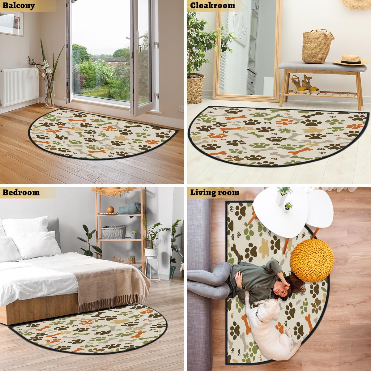 Mexpekil Paillasson demi-rond antidérapant lavable en demi-lune avec empreintes de pattes de chien - pour intérieur et extérieur - Attrape la saleté - 100 x 160 cm