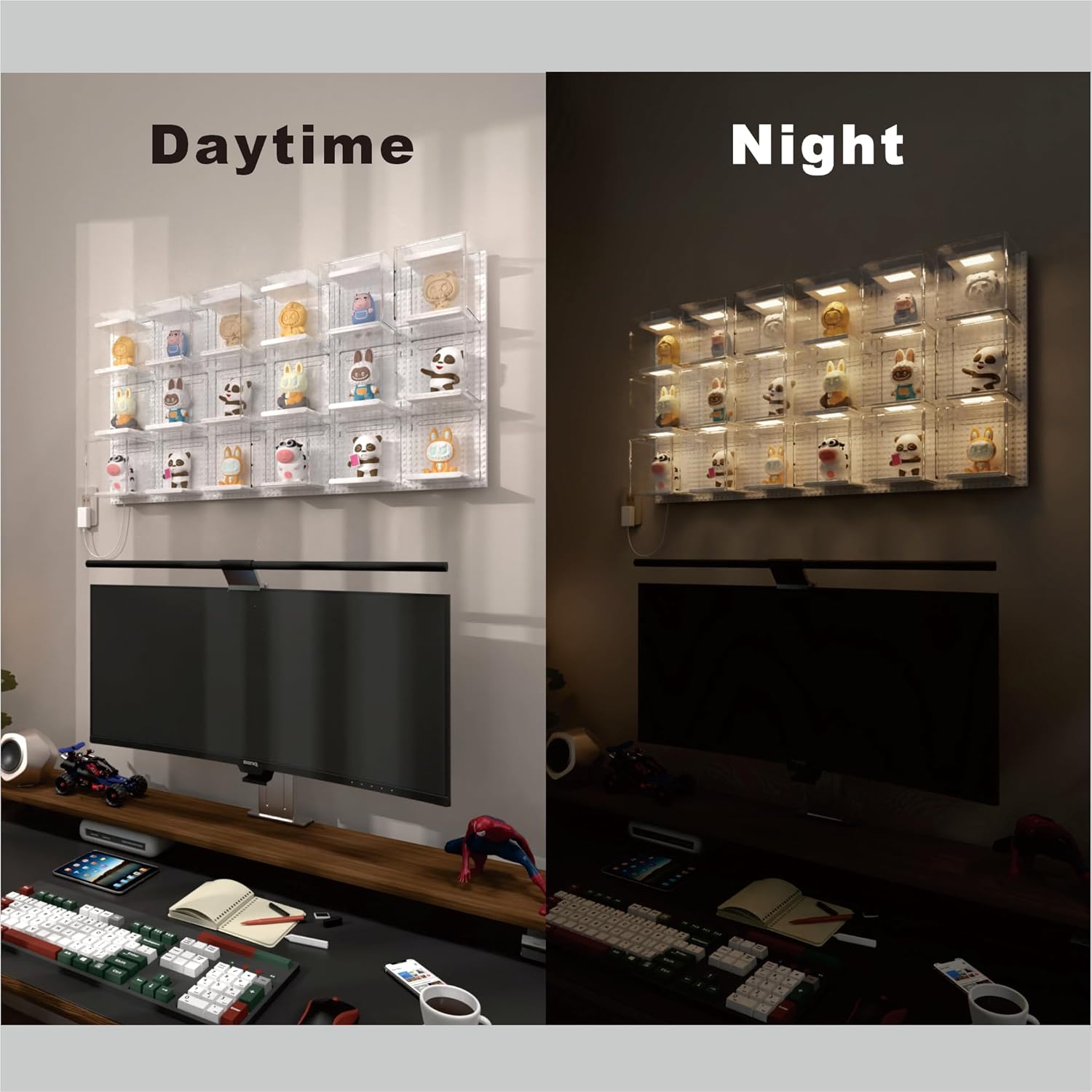 Compatible with Funko Pop Wall-Mounted Display Shelf, Set of 9 Acrylic Shelves, Customizable DIY layouts, with Individual dust Covers, 4 Adjustable Professional spotlights , Includes Remote Control.