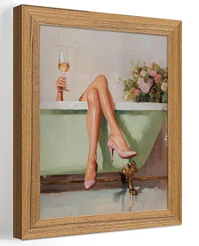 Framed Bathroom Wall Art Modern Women in Green Clawfoot Bathtub