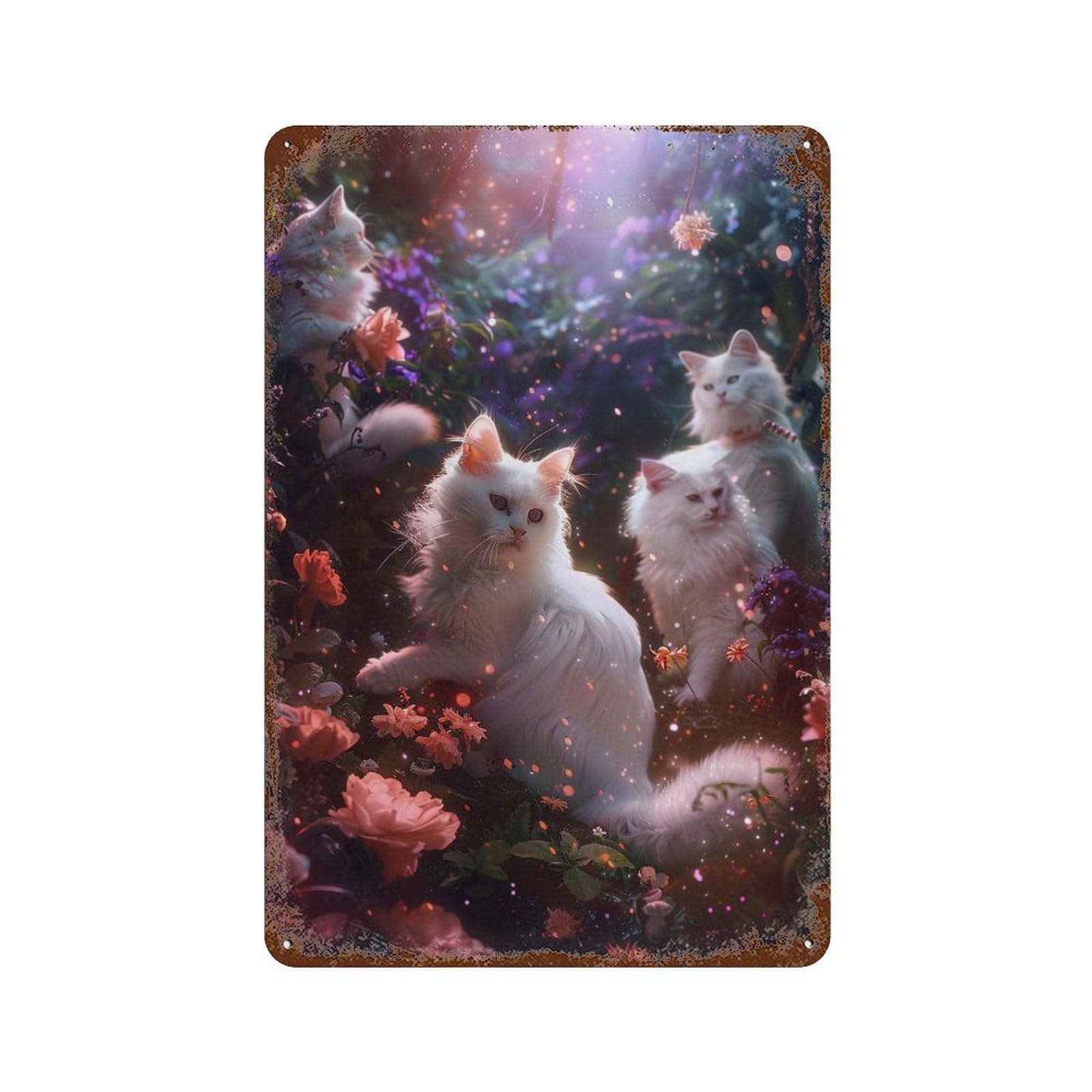 Enchanted Garden Cats Rustic Tin Plaque 11.8"x7.9", for Pub, Kitchen And Man Cave Decor, Vintage Wall Decor