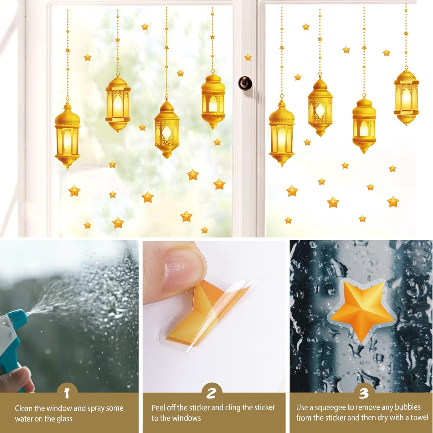 3 Sheets Gold Eid Mubarak Window Stickers Double-Sided Star Lantern Ramadan Window Clings Stained Glass Clings Eid Mubarak Window Decorations Ramadan Decorations