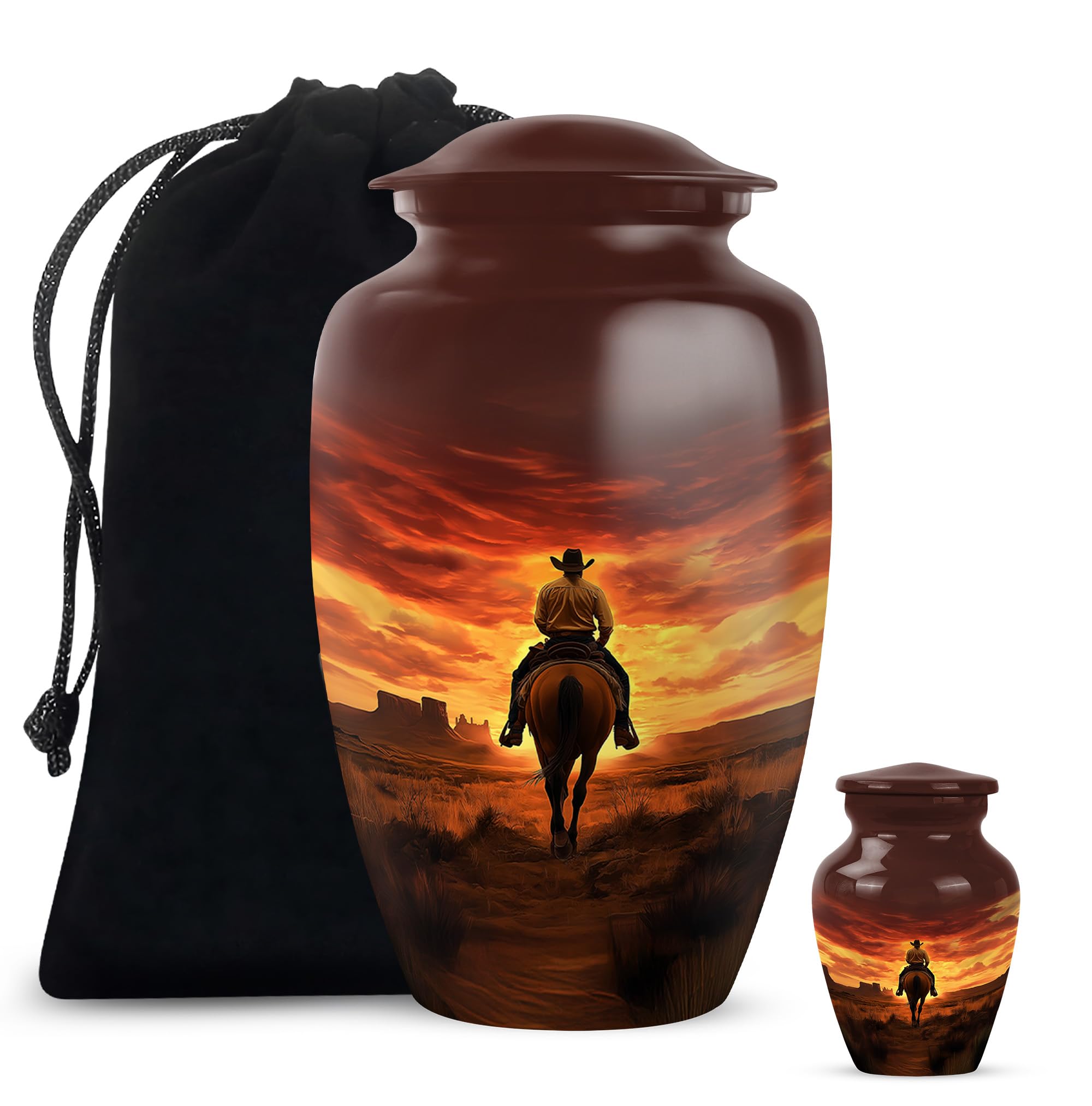 Cowboy Urn - Large &amp; Small Urns for Human Ashes Adult Male - Urn for Ashes for Women - Cremation Keepsakes for Ashes (Combo - 10" &amp; 3", 2 Pcs)