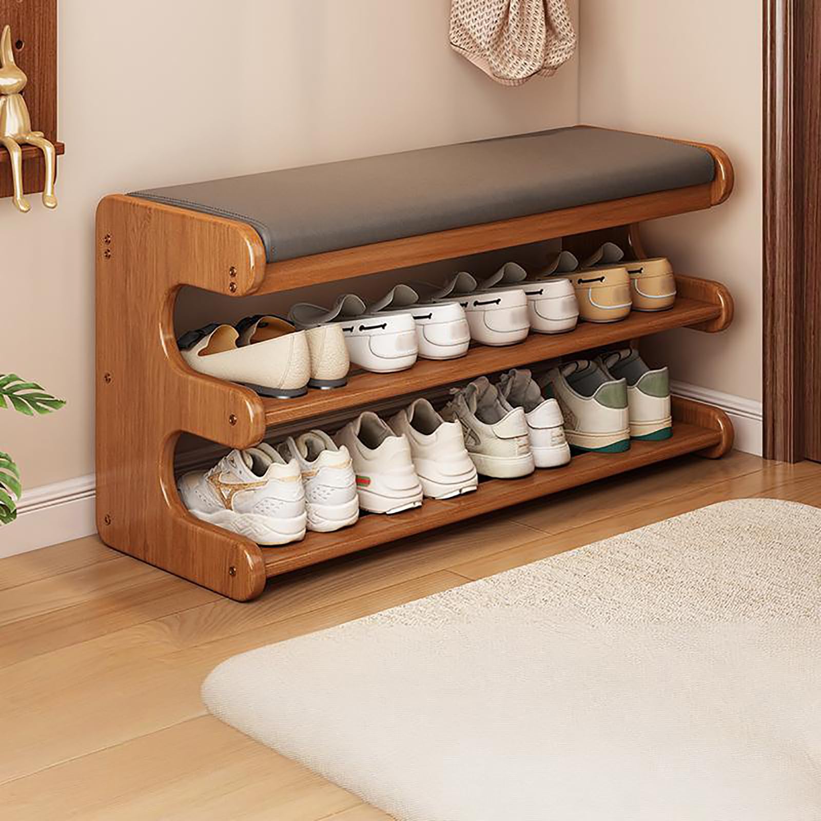 Banc à chaussures rustique avec étagère de rangement et siège sto