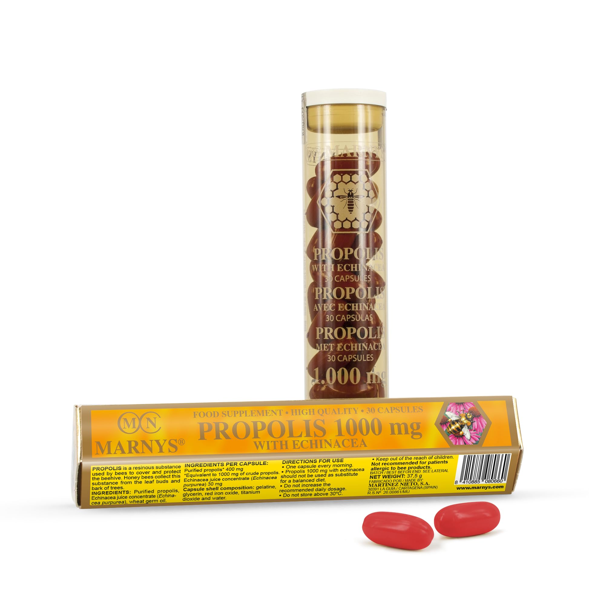 Marnys Propolis 1000mg with Echinacea Capsules 30's - Bee Propolis & Echinacea Immune Support Softgels in Wheat Germ Oil, Rich in Bioflavonoids, One-a-Day Natural Defence, Pack of 30
