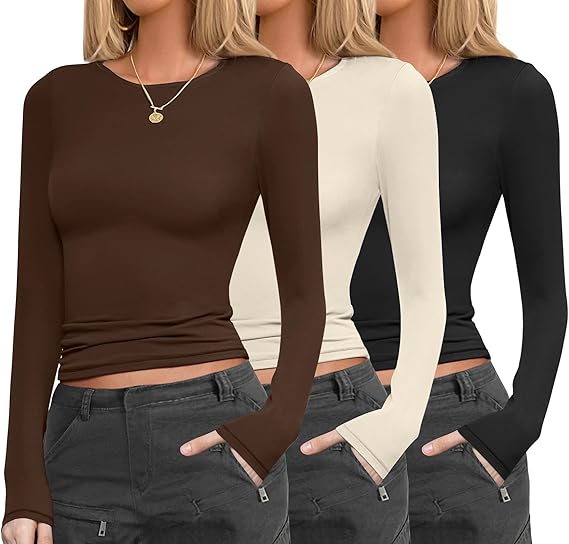 Ekouaer Womens 3 Pack Long Sleeve Shirts Fitted Tops Base Layering Tight Thermal Undershirts XS-XXL
