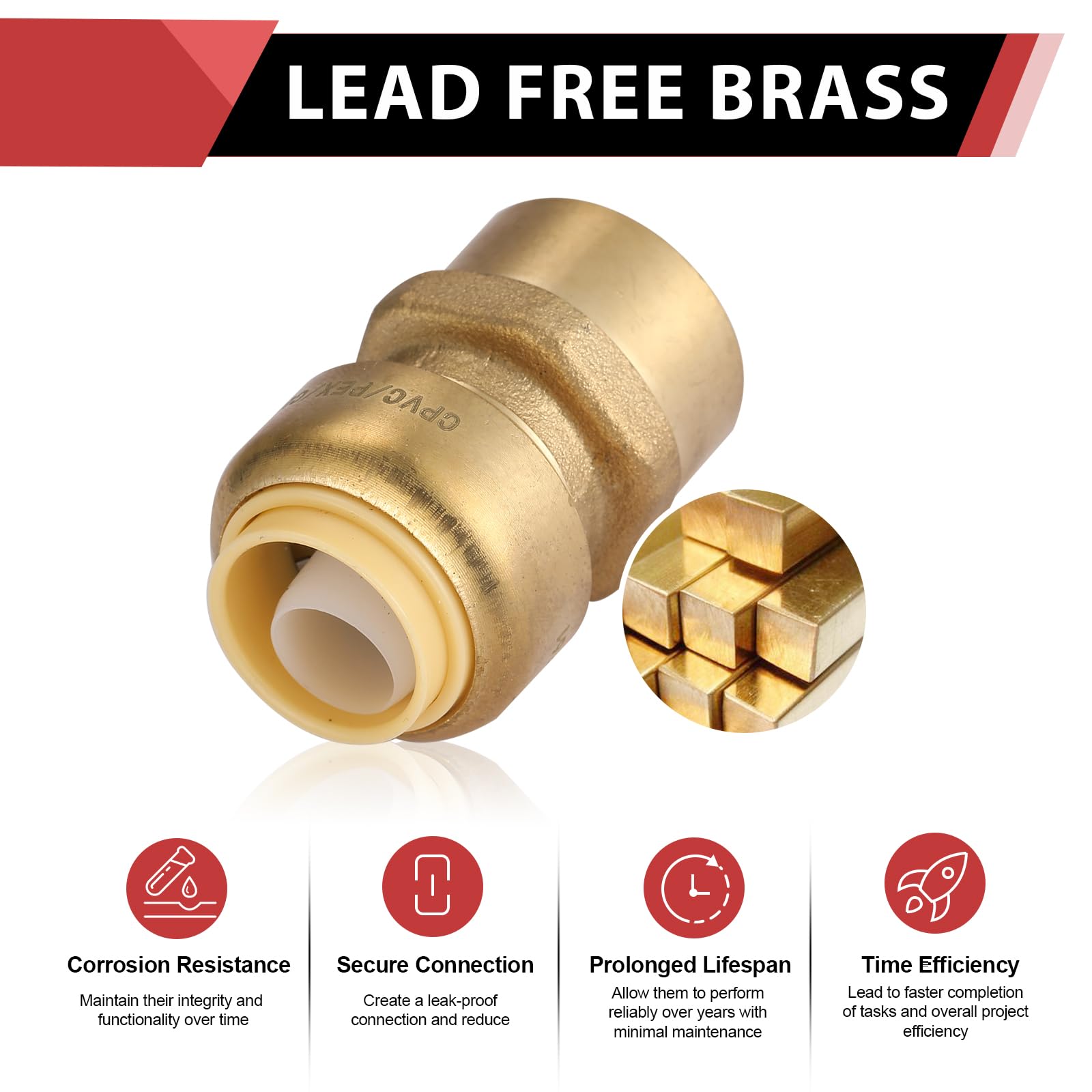 EFIELD Push Fit - Adaptadores hembra de 3/4 x 3/4 pulgadas a presión para conectar, cobre, tubo de CPVC, 3/4 pulgadas con un clip de desconexión, latón sin plomo -25 piezas