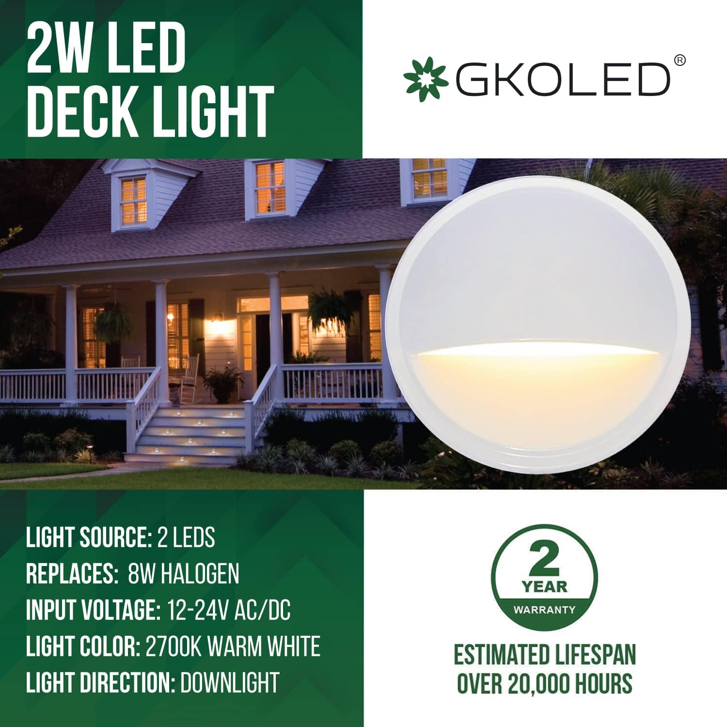 GKOLED Low Voltage LED Deck Light, Landscape Step Stair Railing Lights with 2W Integrated LED Chips, Die-cast Aluminum 12V AC/DC Accent Lighting Fixtures with White Powder Coated Finish, Pack of 4 : Industrial & Scientific