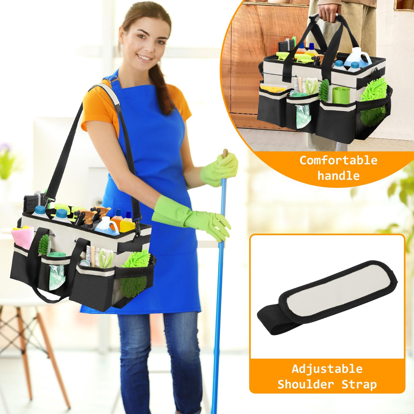 Cesto Per La Conservazione Dei Prodotti Per La Pulizia,Cestino Porta Attrezzi con 5 Tasche Esterne, Organizer Per Pulizie in Tessuto Oxford, Impermeabile, con Spallacci Regolabili (Bianco)