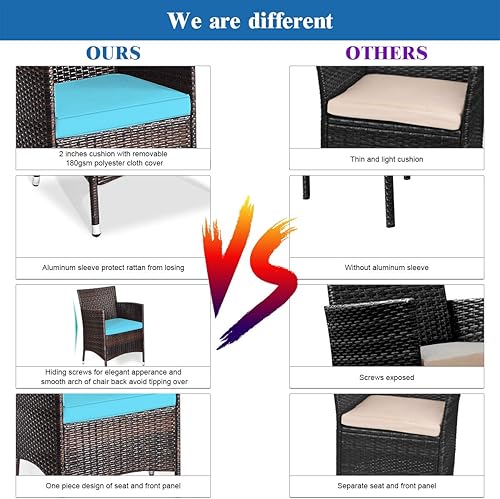 Miniatura 5 de Tangkula Juego de muebles de patio de 3 piezas, juego de conversación de mimbre para exteriores con mesa auxiliar, sillas y cojines gruesos,