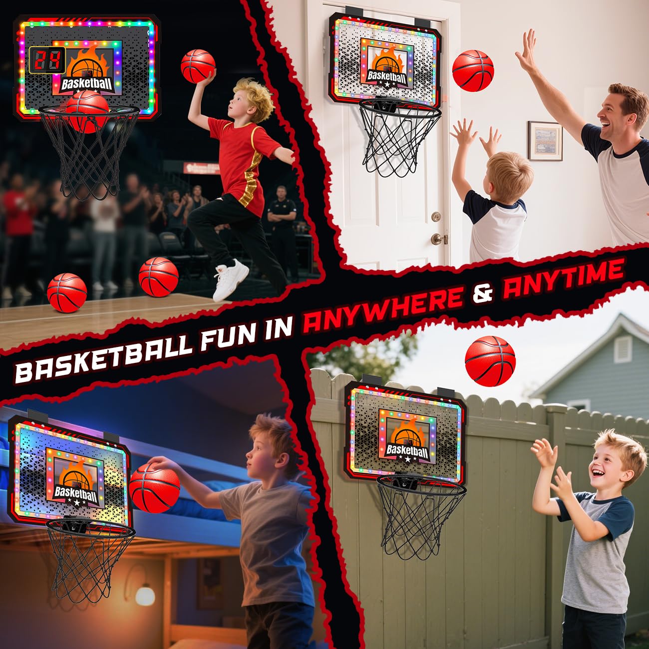 VATOS Basketballkorb Indoor für Kinder, LED Basketballkörbe mit 6-Farbiger Lichteffekt, Fernbedienung, Anzeigetafel und 3 Bällen, Basketballspiel über der Tür Spielzeug Geschenk für Jungen Kinder 5–12