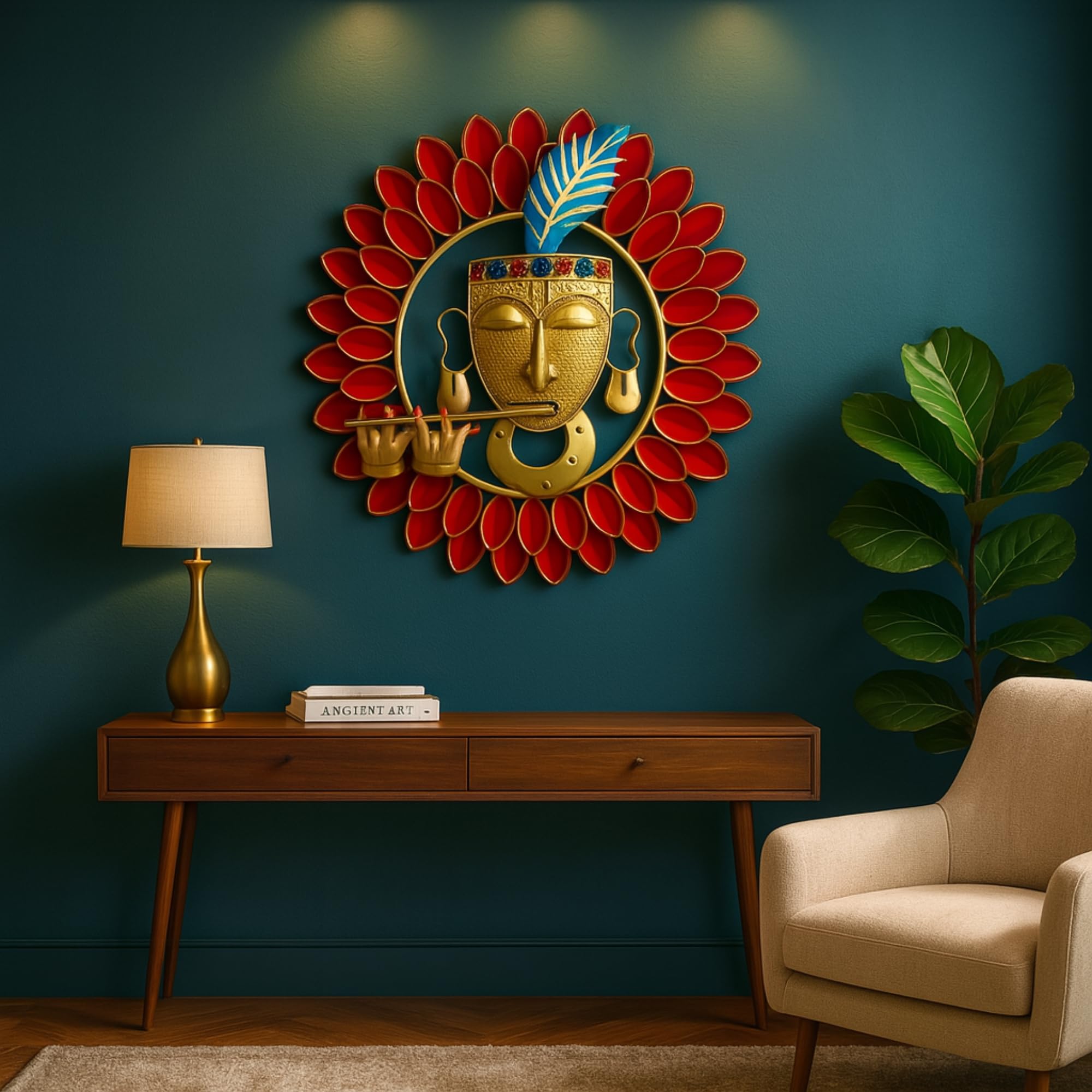 pranjals house Metal Krishna Playing Basuri Round Frame Wall Hanging For Decor (23" Multicolour)