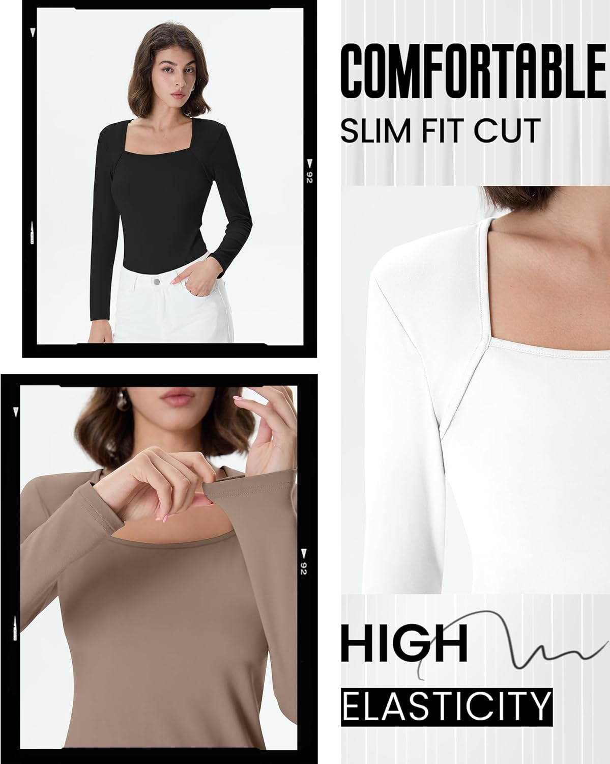 3 Pack Women's Square Neck Long Sleeve Tops, Double Lined Slim Fit Shirts Basic Trendy Going Out T Shirts - Image 5