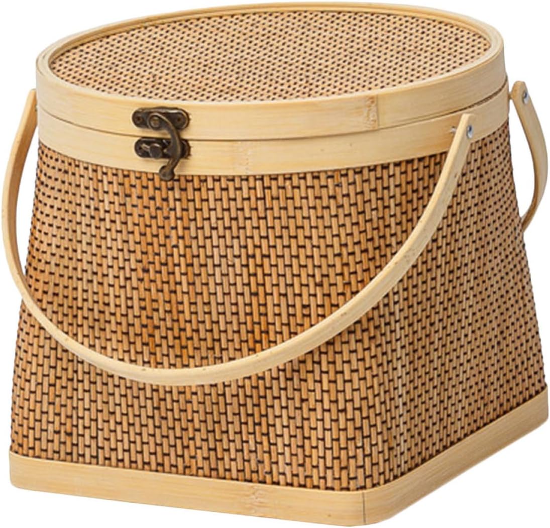 VICASKY Hand-Woven Bamboo Storage Basket Lid Portable Round Handheld Container for Home Organization for Laundry Toys and Household Items